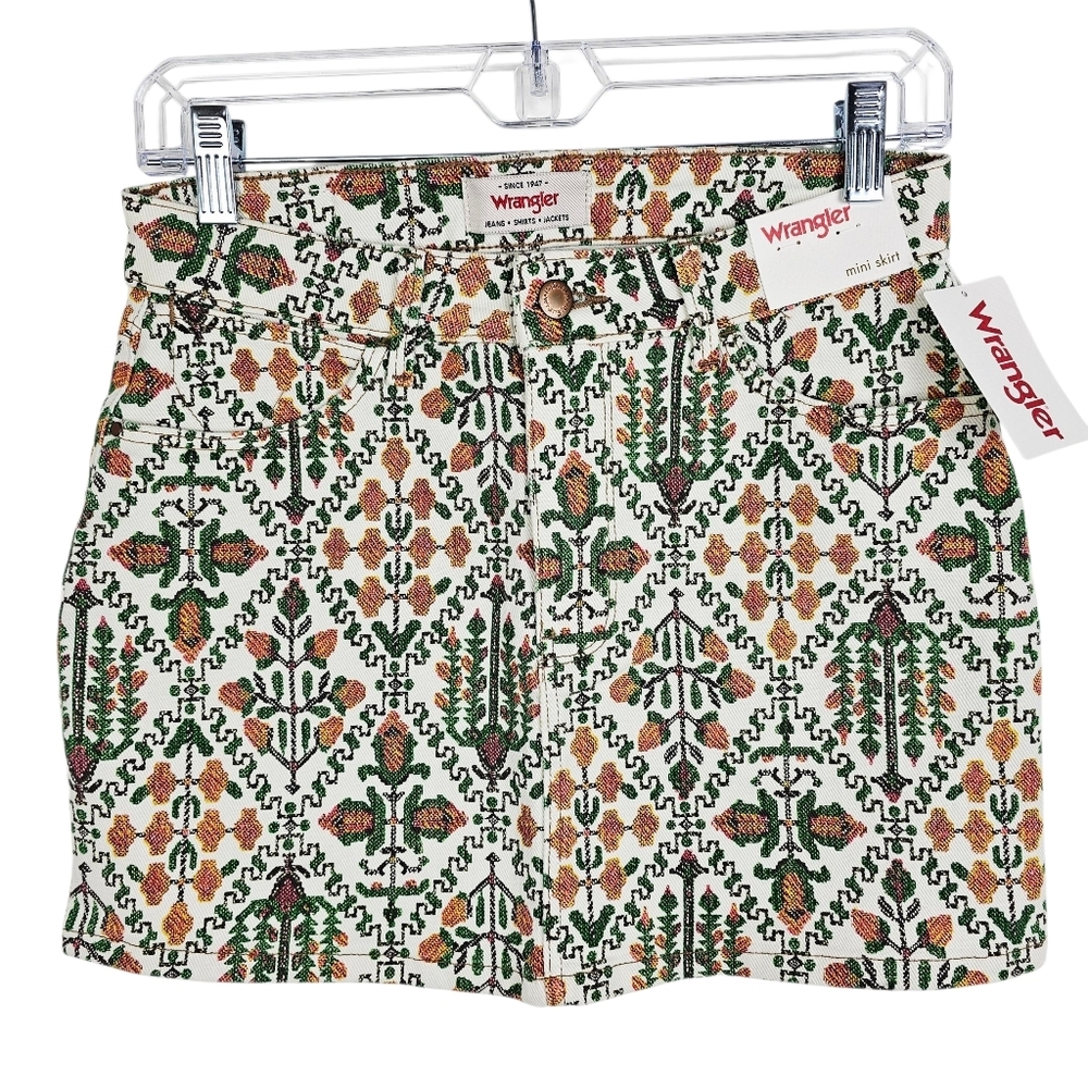Wrangler White Mini Skirt with Green and Brown Floral Jacquard